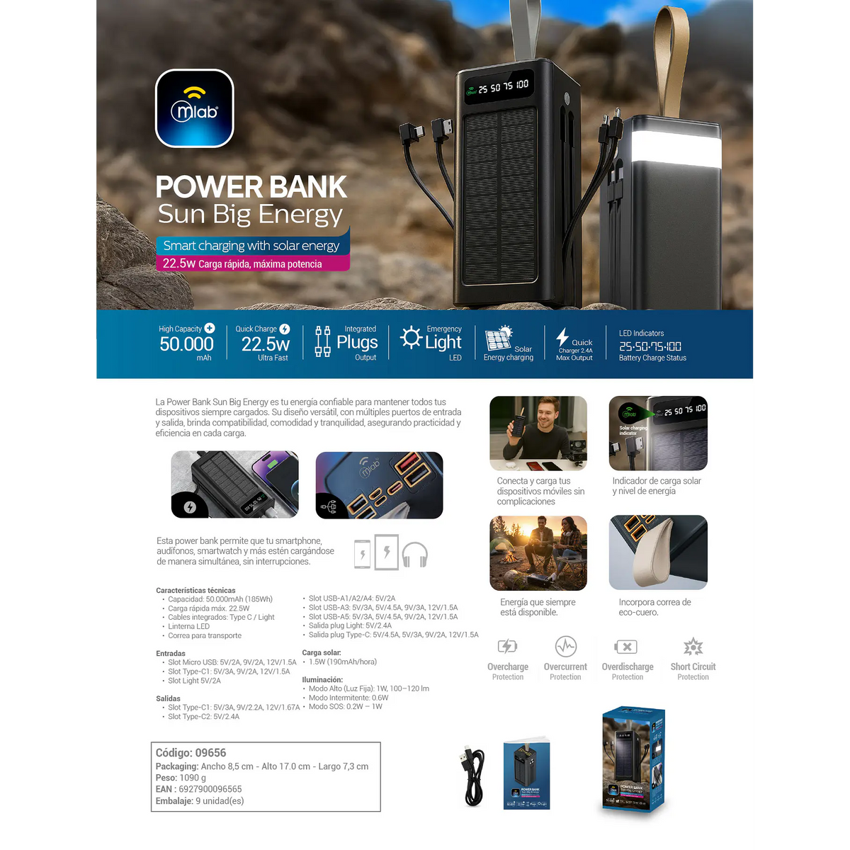 Cargador Portatil Solar Super Potente 50000 mAh Power Bank MLAB Sun Big Energy 9656 7 Puertos 4 Cables De Carga Multifuncional