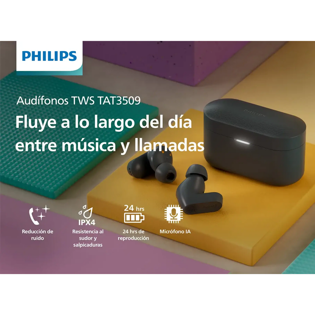 Audífonos Bluetooth Noise Cancelling Philips Tat3509 True Wireless 24 Horas Autonomía
