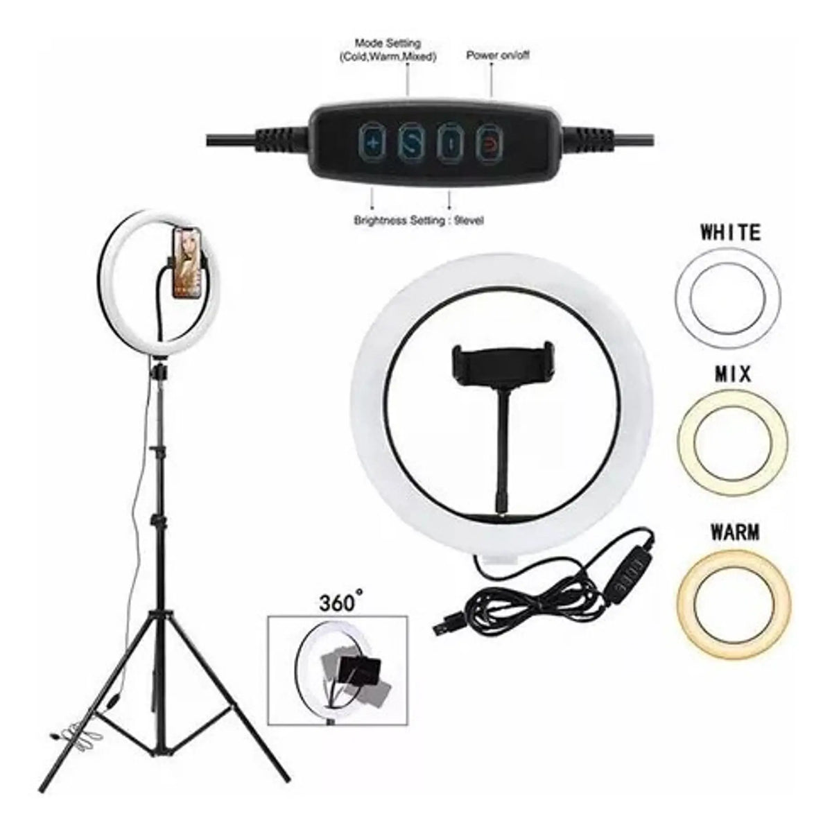 Aro Led 14 (36cm) + Trípode 2,1 M Con 3 Soporte De Celular