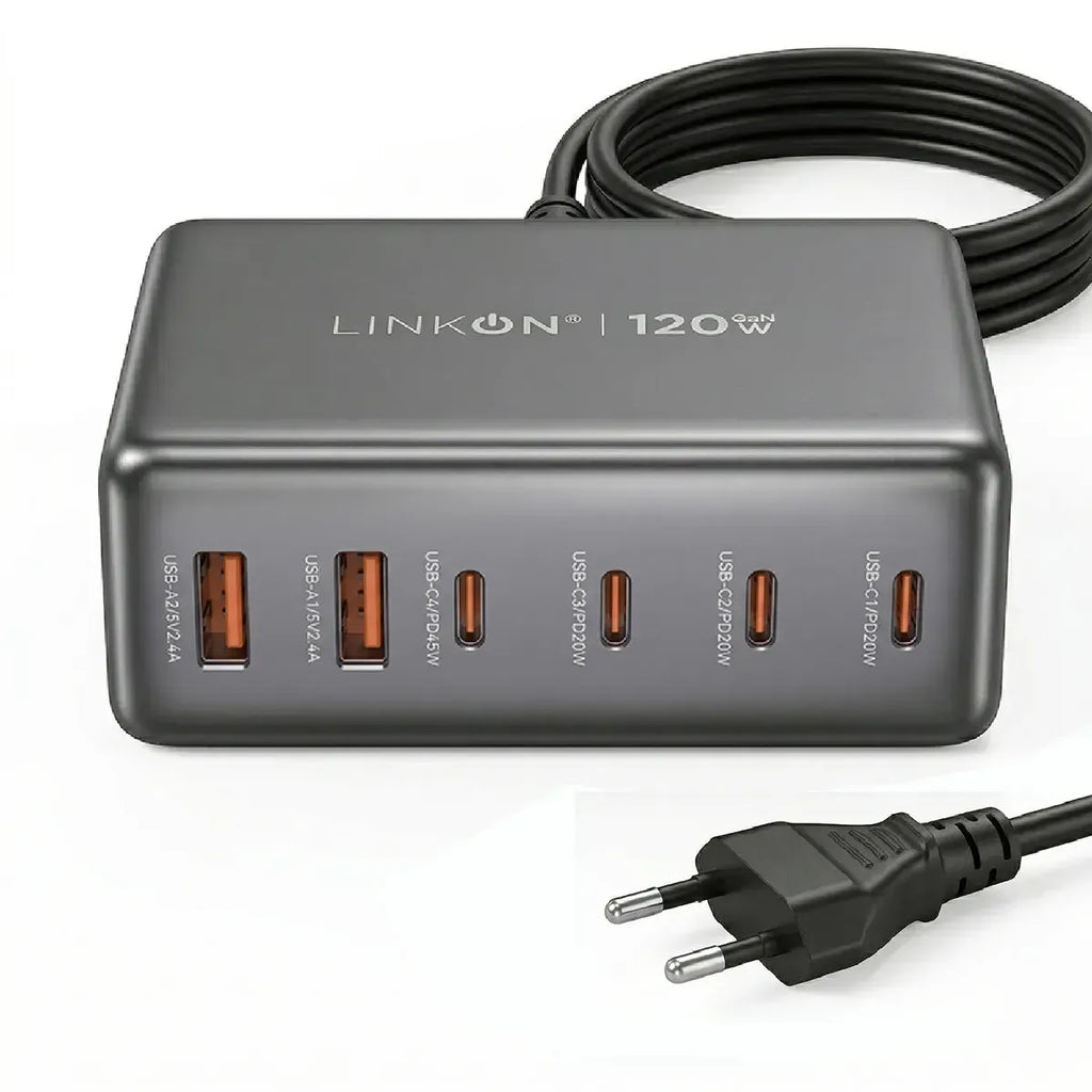 Estación de Carga Rápida GaN 120W | 6 Puertos USB + USB-C