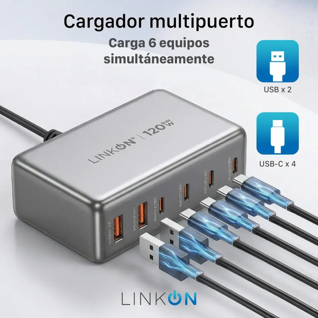 Estación de Carga Rápida GaN 120W | 6 Puertos USB + USB-C
