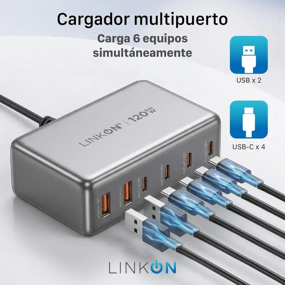 Estación de Carga Rápida GaN 120W | 6 Puertos USB + USB-C