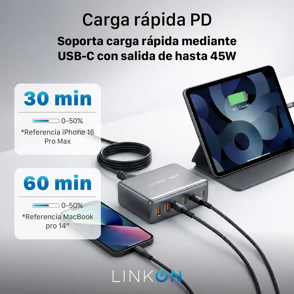 Estación de Carga Rápida GaN 120W | 6 Puertos USB + USB-C