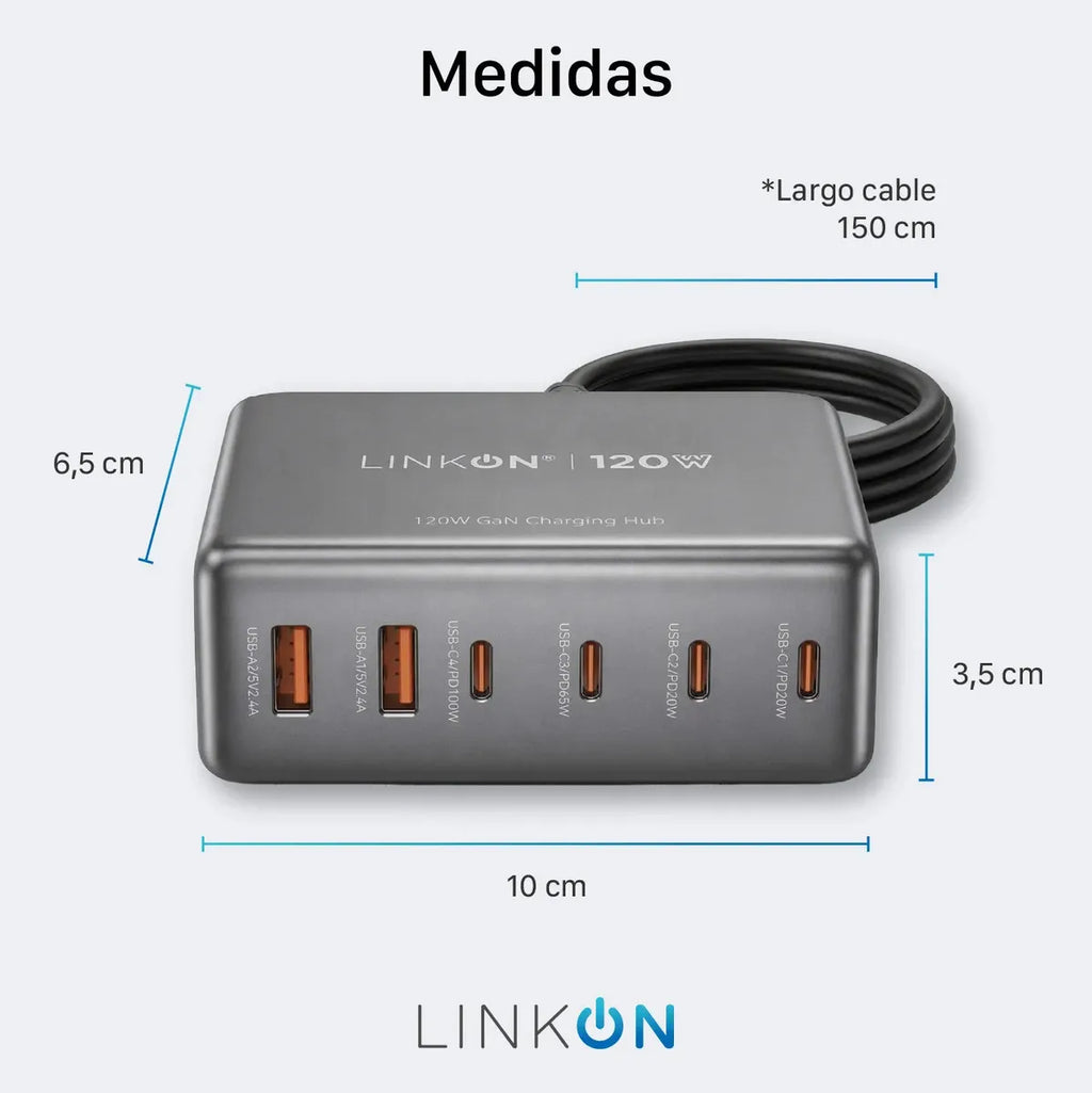 Estación de Carga Rápida GaN 120W | 6 Puertos USB + USB-C