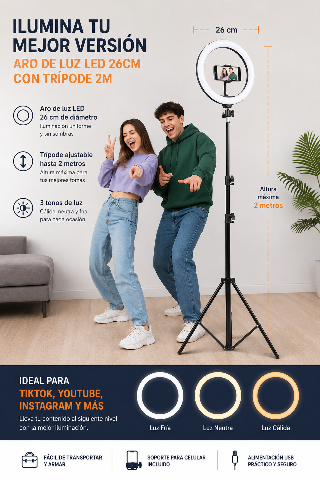 Aro De Luz Led Grande 26 cm Con Tripode 2.1m Aros De Luz Led