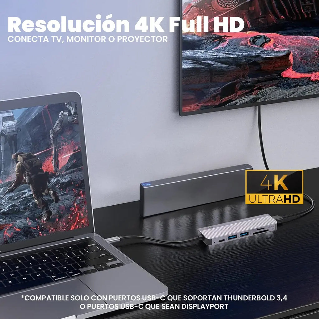 Hub USB-C Multipuerto LinkOn 6 en 1 | HDMI 4K | USB 3.0 | Carga PD 65W | SD y MicroSD