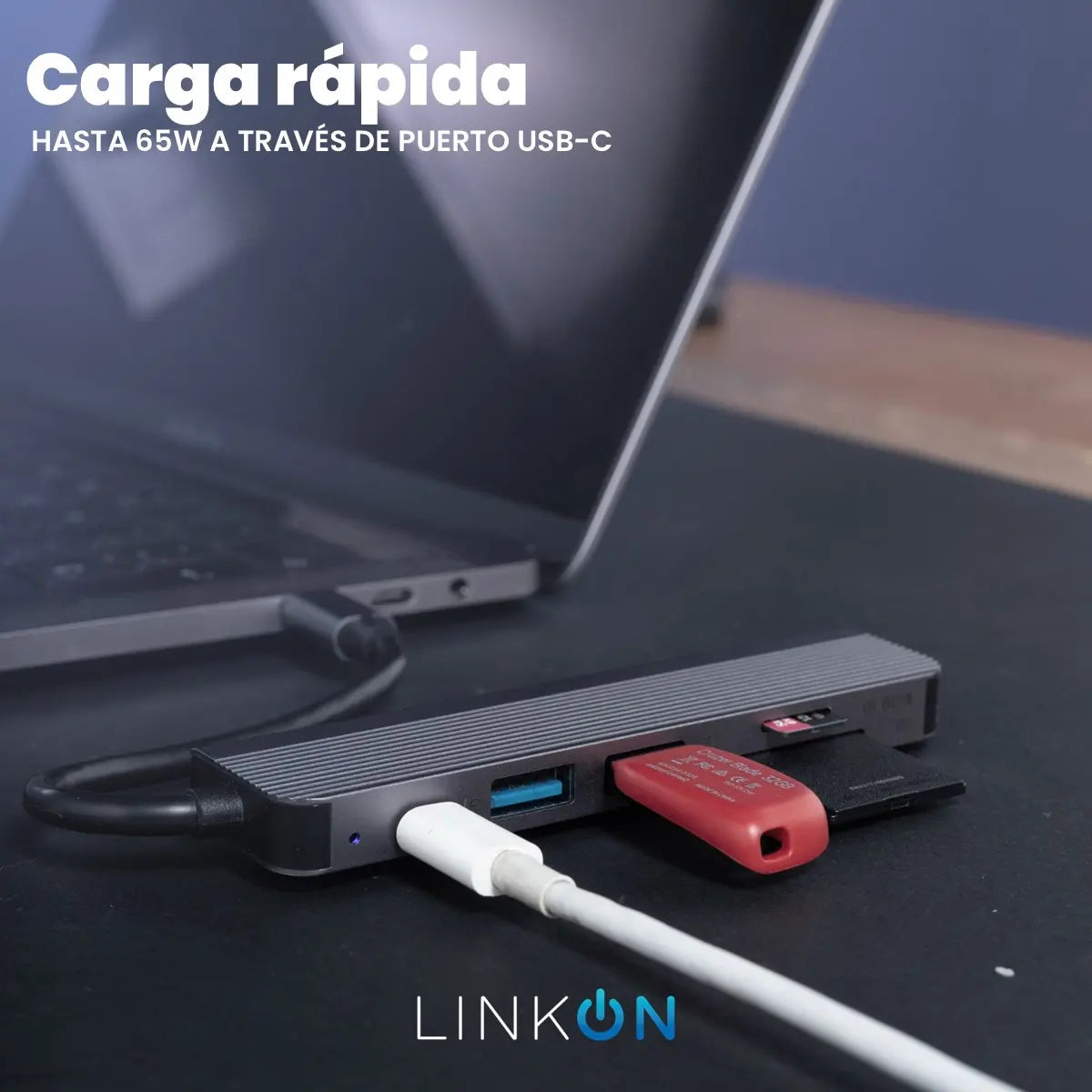 Hub USB-C Multipuerto LinkOn 6 en 1 | HDMI 4K | USB 3.0 | Carga PD 65W | SD y MicroSD