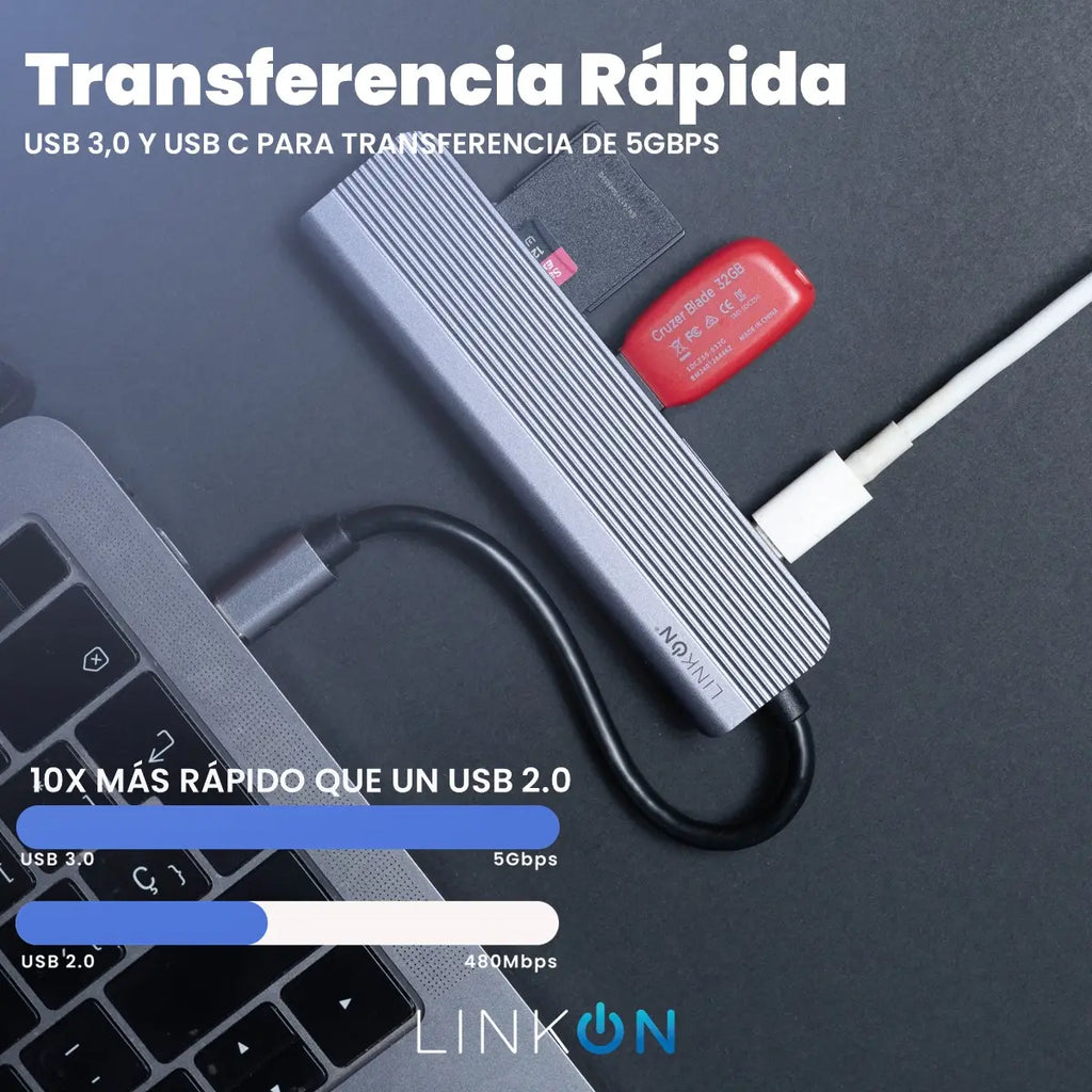 Hub USB-C Multipuerto LinkOn 6 en 1 | HDMI 4K | USB 3.0 | Carga PD 65W | SD y MicroSD